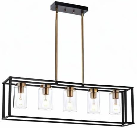 VINLUZ Farmhouse Chandeliers for Kitchen Island with Clear Glass Shade Black and Brushed Brass 5 Light Dining Room Lighting Fixtures Hanging, Rectangle Pendant Lights Industrial Ceiling Light