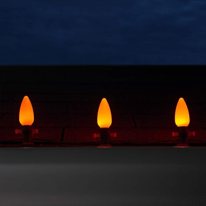 Wintergreen Lighting OptiCore 25 Count C9 LED Bulbs, Orange/Amber Smooth Finish, E17 Base Heavy Duty Replacement for Outdoor Christmas & Halloween Lighting