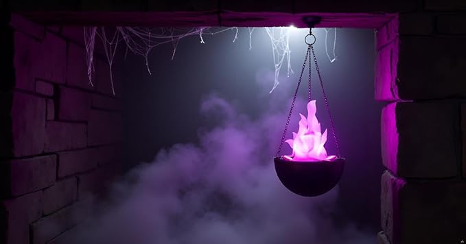 Aspen Creative 61168-25-1,LED Hanging Fire Flame Light Prop for Halloween,Christmas and Party Decor,Black Finish,Purple Flickering Light Effect