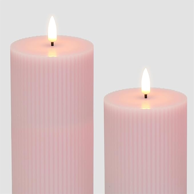 Pink Ribbed Flameless Pillar Candles with Remote, Flickering LED Wax Candles Battery Operated Set of 2