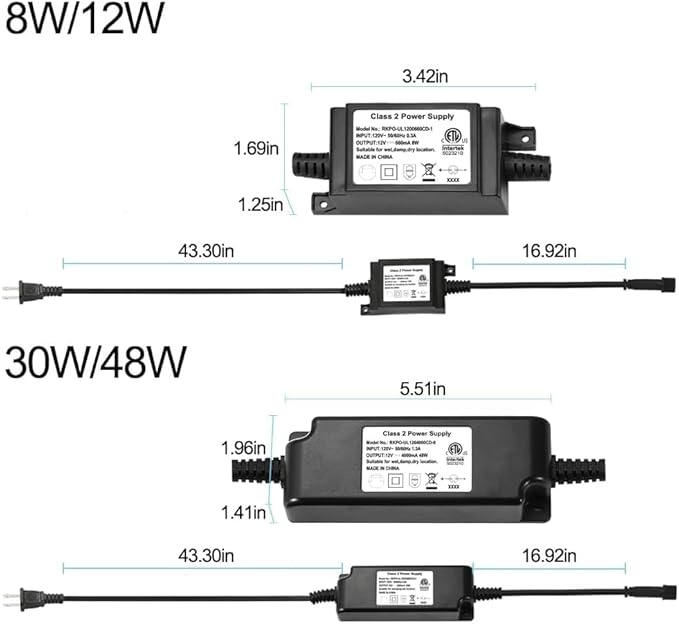 Sumaote Power Adapter Waterproof, Transformer ETL Listed 12W US Plug AC 120V to DC 12V Power Supply for Low Voltage LED Deck Lights, 2 Pin Connection