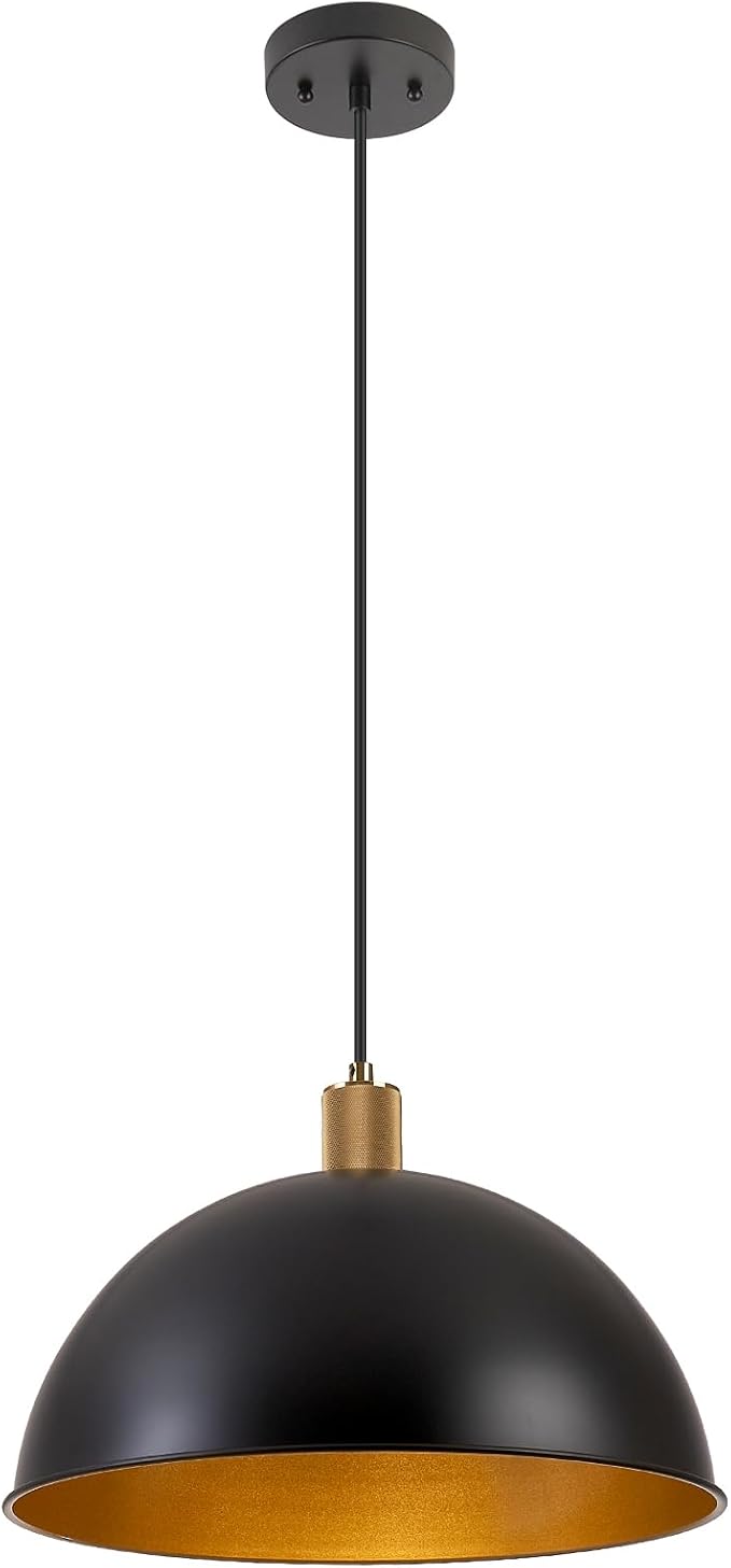 16 Inch Black Dome Pendant Lights for Kitchen Island, Height Adjustable Farmhouse Industrial Hanging Light Fixtures Over Table for Dining Room, Entryway, 1 Pack