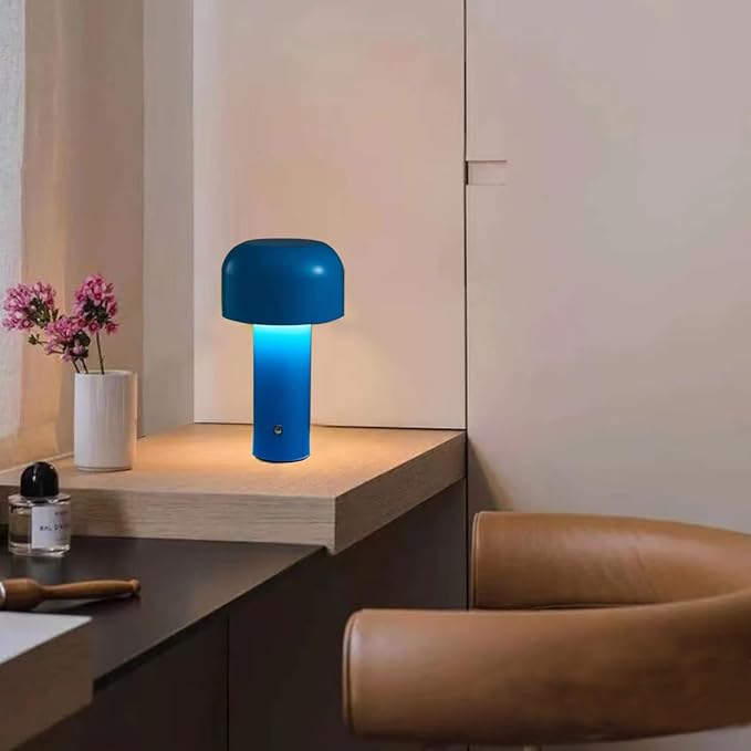 Small Table Lamp Mushroom Table Lamp USB Charging Three Color Poleless Dimming Night Lamp Creative Touch Decorative Lamp (Blue)
