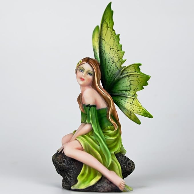 Fantasy Forest Green Fairy Figurine - Gradient Leaf Wings Elf Statue, Hand-Painted Resin Decor for Natural Garden, Desk & Shelf (15.5cm)
