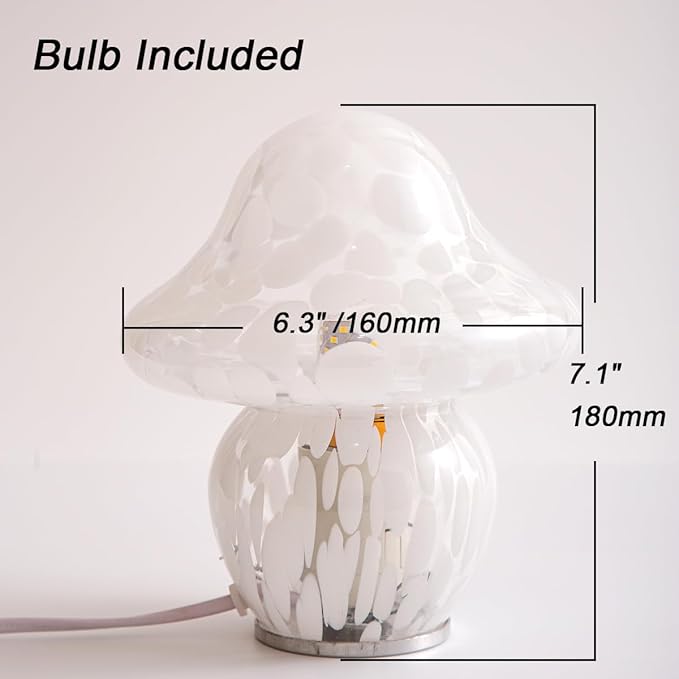 Mushroom Lamp Glass Mushroom Table Lamp for Bedrooms, Living Room, Aesthetic Lamps for Bedroom, Cute Bedside Lamp(White Dot)