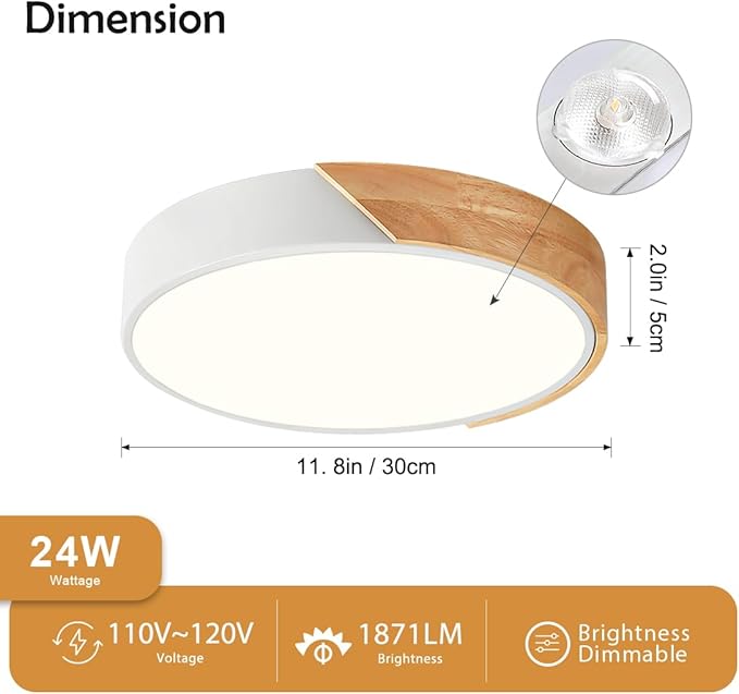 Vikaey Modern Dimmable LED Ceiling Light, Minimalist Wood Style 5CCT 2700K-6000K Flush Mount Ceiling Light Fixture, Round Lighting Lamp for Bedroom, Laundry Room, Hallway, White, 11.8"