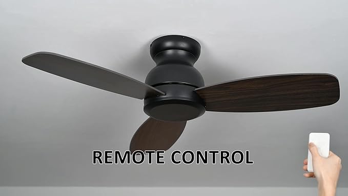 Carro 44 Inch Flush Mount Ceiling Fan without Lights, Black Ceiling Fan with Remote Low Profile, 10-Speed Reversible DC Motor, 3 Dark Walnut Finish Blades, Indoor for Bedroom