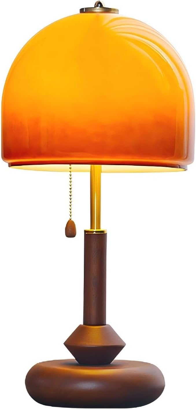LIGHTLAND Orange Table Lamp, Glass Lampshade Metal Lamp Body Wood Base, Decorative Mushroom Lamp, Vintage Table Lamp for Living Room Bedroom Study, 9.4 * 19.7 Inch
