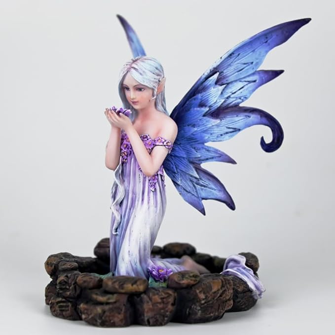 Fantasy Blue-Purple Flower-Holding Fairy Figurine, 16cm Gradient Wings Elf Statue, Hand-Painted Resin Decor for Ritual Space, Vanity & Garden