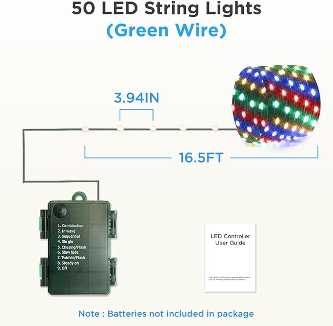 16.5ft Battery Operated String Lights(2 Pack), 50 LED Twinkle Fairy String Lights Battery Powered with Timer for Indoor Outdoor Christmas Trees Wreath Decoration Party Bedroom - Multicolor