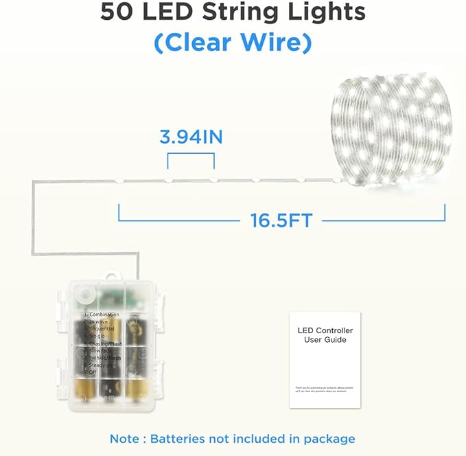 Battery Operated String Lights (2 PACK), 16.5ft 50 LED Twinkle Fairy String Lights Battery Powered with Auto Timer for Indoor Outdoor Christmas Trees Wreath Decoration Party Bedroom Garden- Cool White
