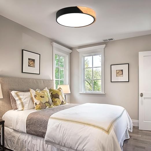 Vikaey Modern Dimmable LED Ceiling Light, Minimalist Wood Style 5CCT 2700K-6000K Flush Mount Ceiling Light Fixture, Round Lighting Lamp for Bedroom, Laundry Room, Hallway, Entryway, Black, 11.8"