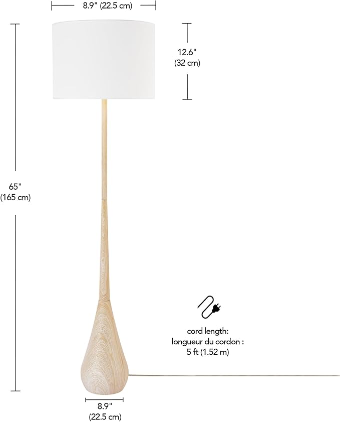 Globe Electric 65" Floor Lamp, Wood-Toned Finish, White Cotton Shade, Japandi Style, E26 Base, On/Off Rotary Switch, 5-Ft Cord, 52112