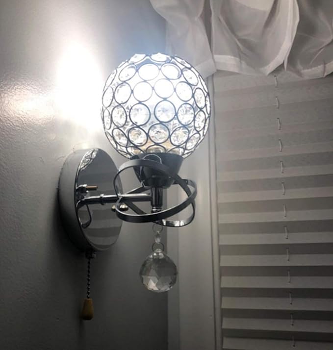 Modern Crystal Wall Light Pendent Lamp Chrome Finish Bedroom Sconce Lighting Fixture with Pull Cord Switch, E14 Socket (Spherical)