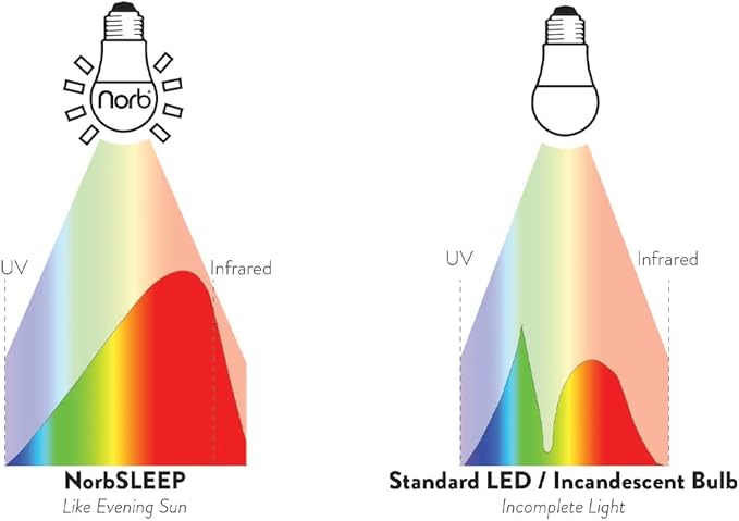 Norb NorbSLEEP Low-Blue Sleep Light Bulb – Melatonin-Boosting Nighttime LED for Restful Sleep – for Babies, Kids, & Adults – 9W A19 Dimmable, Natural Evening Spectrum, White Not Amber (1-Pack)