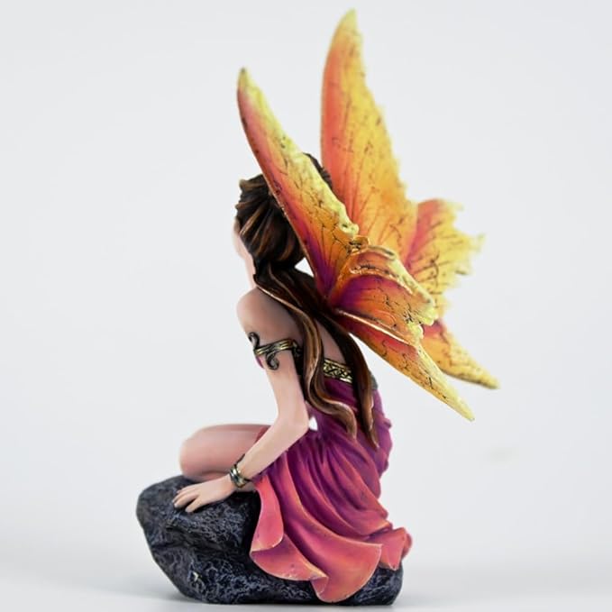 Fantasy Orange-Gold Gradient Wings Fairy Figurine, 6.1 Inch Rock Base Elf Statue, Hand-Painted Resin Decor for Indoor Garden Desk