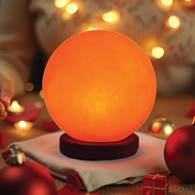Himalayan Salt Lamp Globe – 5-Inch Hand-Carved Crystal Rock Sphere Moon with Wooden Base & UL-Listed Dimmer Cord – Warm Ambient Light for Bedroom, Office, Home Décor, Gift Ready