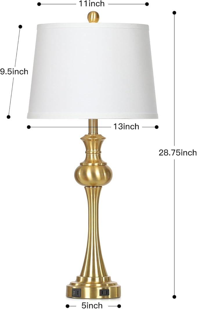 28.75'' Gold Table Lamps for Living Room, 3 Way Touch Control Bedside Lamps with USB A+C Ports & AC Outlets, Modern Metal Nightstand Lamps for Bedroom Living Room Office End Table(Bulb Included)
