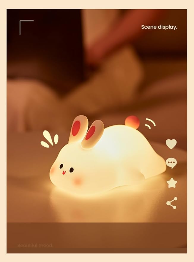 ATSUI Rabbit Night Light, LED Squishy Novelty Animal Night Lamp, Food Grade Silicone 3 Level Dimmable Nursery Nightlight for Desk Decor, Funny Gifts Stuff for Boys Girls Baby, White Elephant Gifts