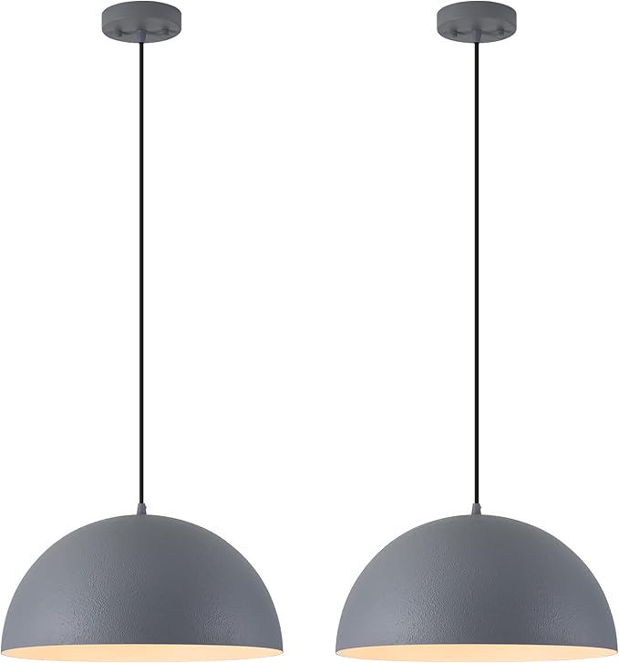 Industrial Pendant Lights Kitchen Island, 16 Inch Grey and White Metal Dome Pendant Light Fixtures, Farmhouse Hanging Light Fixture for Dining Room Restaurant Foyer Cafe, 2 Pack