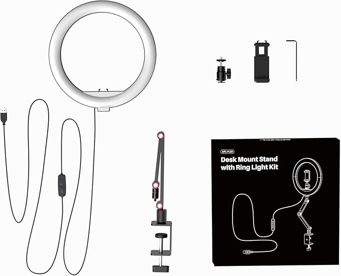 APEXEL 10" Ring Light for Desk, Ring Light with Stand and Phone Holder, Overhead Camera Mount with C-Clamp, 360° Rotate & Adjust Arm for Photography/Makeup/Live Stream Video/YouTube