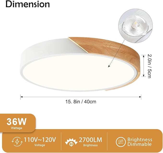 Vikaey Modern Dimmable LED Ceiling Light, Minimalist Wood Style 5CCT 2700K-6000K Flush Mount Ceiling Light Fixture, Round Lighting Lamp for Bedroom Living Room Dining Room Laundry, White, 15.8"