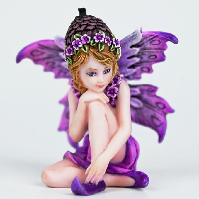 Fantasy Pinecone Hat Purple Flower Fairy Figurine, 8cm Purple Wings Elf Statue, Hand-Painted Resin Decor for Mini Fairy Garden, Desk & Plant Pot