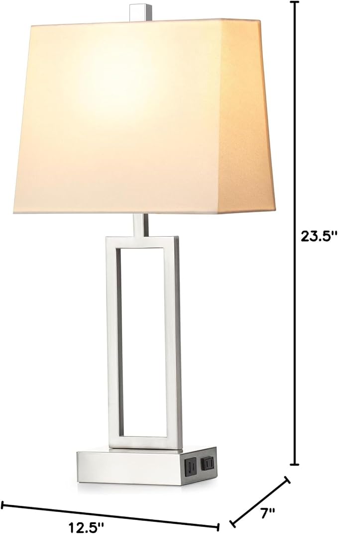 Touch Control Table Lamps for Living Room, 3-Way Dimmable Modern Table Lamp with USB A+C Charging Ports & AC Outlets, Bedside Contemporary Nightstand Desk Lamps with Fabric White Shade for Bedrooms