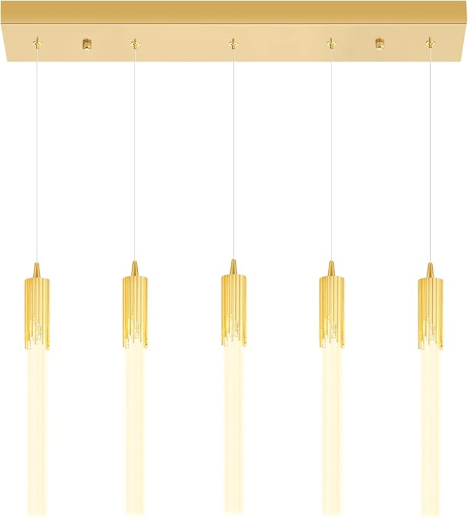 Flashing God 5-Lights Rectangular Pendant Lights for Kitchen Island Gold Linear Crystal Chandelier Modern Chandeliers for Kitchen Island Dining Room