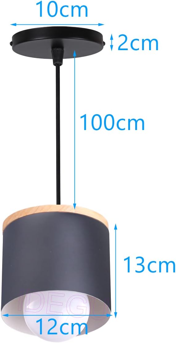 Scandinavian Style E27 Ceiling Light Fixture - Retro Wood and Iron Pendant Lamp for Bedroom, Dining Room, Kitchen - 12cm Black(# Negro)