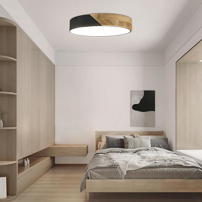 Modern Flush Mount Ceiling Light Fixture 12 Inch LED Ceiling Light, 24W Minimalist Round Shaped Wood Ceiling Lamp Natural White 4500K, Not Dimmable