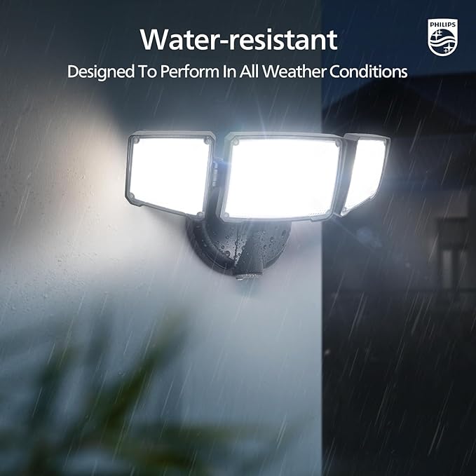 Philips 72W 7400LM LED Flood Lights Outdoor, Switch Controlled Aluminum Security Lights, 3 Adjustable Heads, Wall Mount, 5000K Daylight, Waterproof for Yard, Garage
