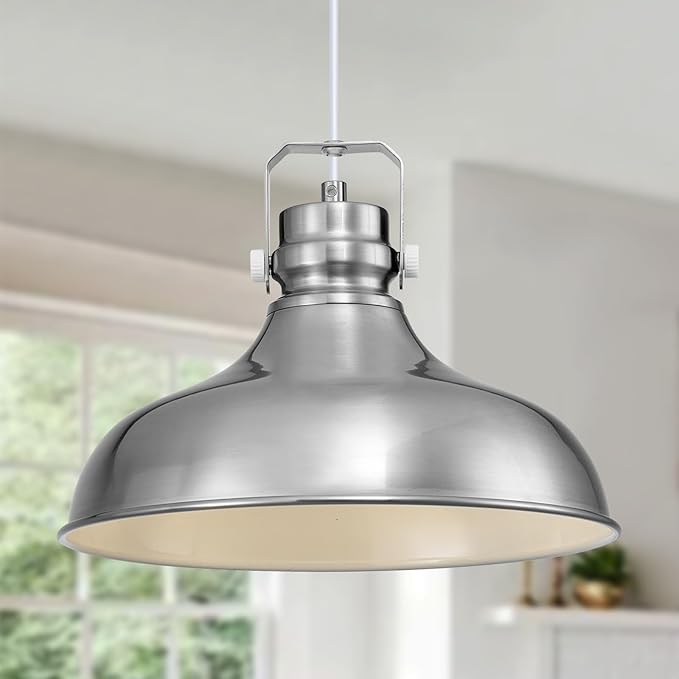 Brushed Nickel Farmhouse Pendant Lights Matte Pendant Lighting for Kitchen Island Industrial Adjustable Height Vintage Dome Hanging Light Fixtures for Barn, Dining Room 2 Packs