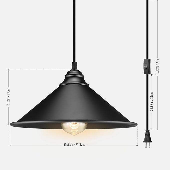 Plug in Pendant Light, Bigger Hanging Lights with Plug in Cord On/Off Switch, 13FT Industrial Plugin Hanging Light, Vintage Pendant Lights Fixture, Big Black