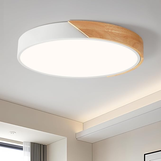 Vikaey Modern LED Ceiling Light, Minimalist Wood Flush Mount Ceiling Light Fixture, 4000K Not Dimmable, Circle Lighting Lamp with Acrylic Lampshade for Bedroom Dining Room Laundry (White, 15.8'')