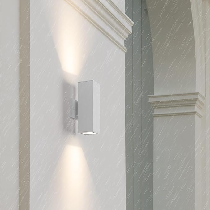 mirrea Modern Outdoor Porch Light Patio Light in 2 Lights with Aluminum Rectangular Tube and Tempered Glass Cover Waterproof Wall Sconce 2 Pack (Matte White)