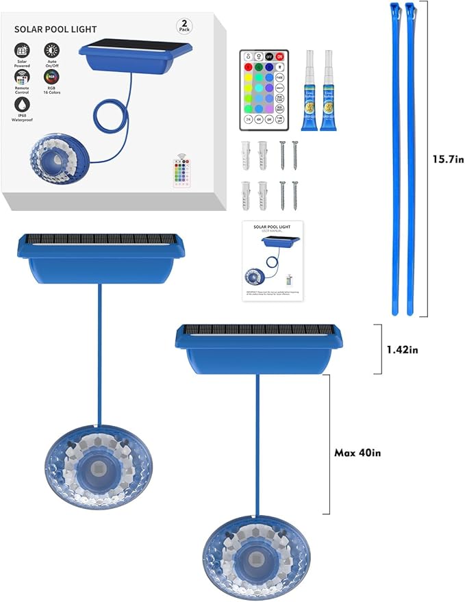 Solar Underwater Pool Lights, Pool Solar Light with Remote Control, 16 Colors Lighting, IP68 Waterproof, Timing Mode, Pool Lights for Above Pool, Inground Pool, Pond (Blue,2 Pack)
