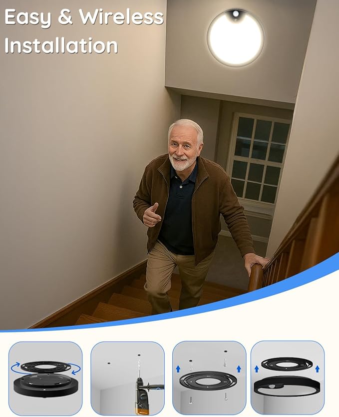 TOOWELL Waterproof Shower Light Indoor - Rechargeable Motion Sensor Ceiling Light, 3CCT Closet Light Battery Operated, Wireless Overhead Sensor Light for Shower Closet Pantry Hallway