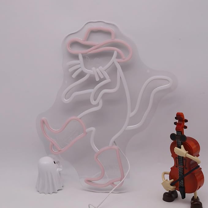 Cowboy Cat Funny Neon Light Sign,Pink Cowboy Hat Animal Neon Sign for Western Rodeo Decor,Novelty Hand Gesture Led Light Up Sign for Home Decoration Bedroom Decor