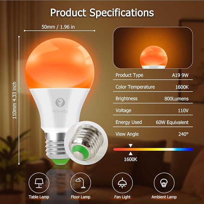 Amber Sleep Light Bulbs 1600K with Remote Control, Blue Light Blocking A19, 9W for Sleep Therapy, Baby Nursery, Bedroom (4 Packs)