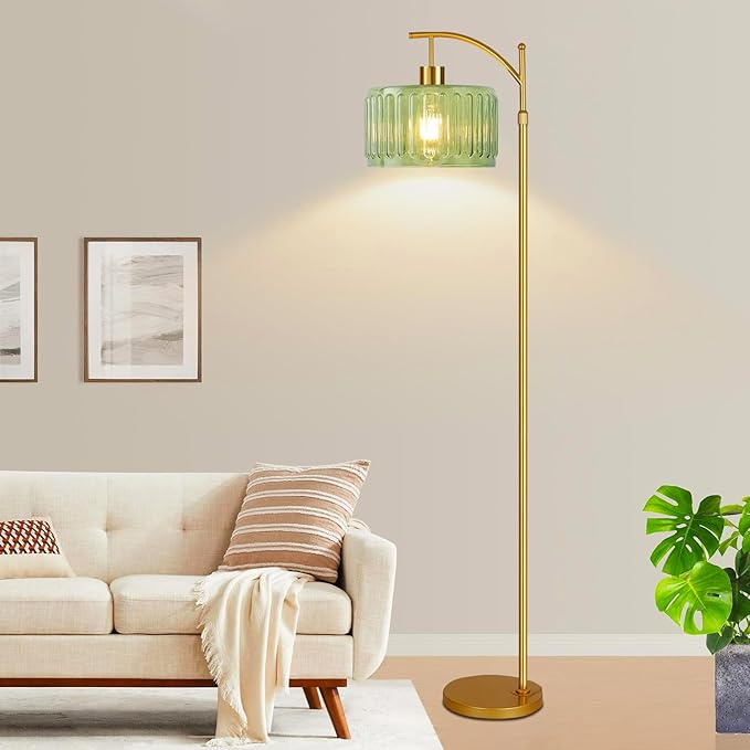 QIYIZM Green Glass Flower Floor Lamp – Dimmable Gold Arc Standing Lamp with Remote, Mid-Century Boho Vintage Design for Living Room & Bedroom