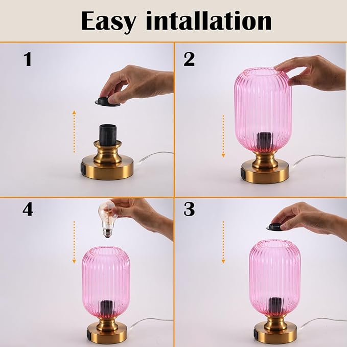 Mid Century Glass Table Lamp,Dimmable Desk Lamp,LED Bulb Included,Touch Control & USB A+C Port,Pink Ribbed Glass