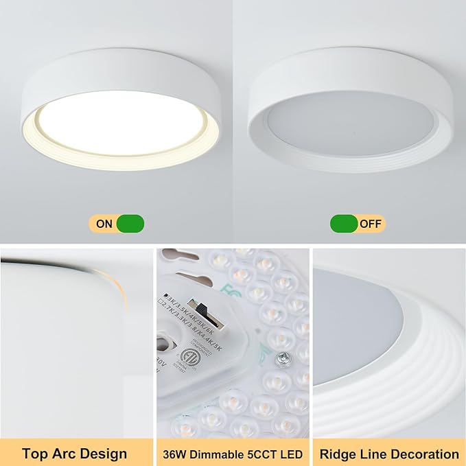 Dimmable Flush Mount Ceiling Light Fixture,15.75 Inch Modern Round White Ceiling Lamp,36W 5CCT 3000K-6500K Lighting for Bedroom,Living Room,Kitchen,Laundry Room