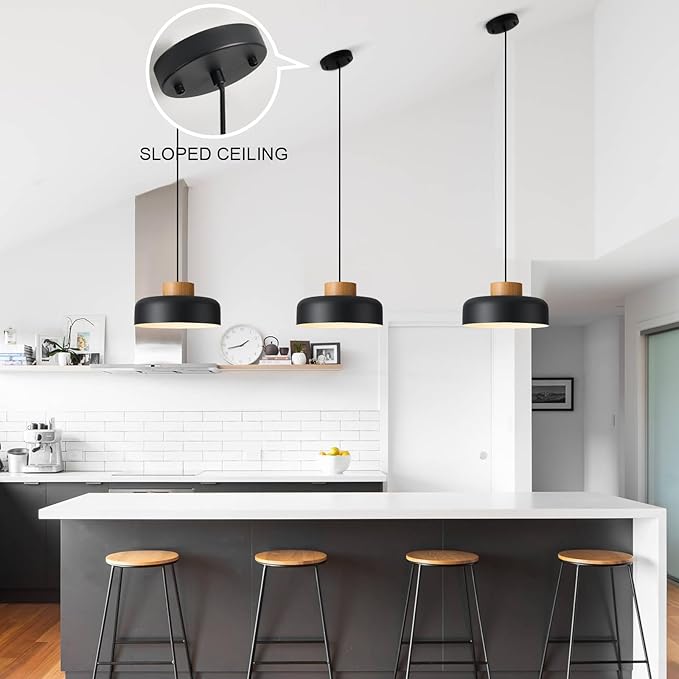 Modern Farmhouse Pendant Lights, 12.6 inch,Natural Wood Cap, Small Simple Ceiling Light Fixture for Kitchen Island, Dining Area, Matte Black