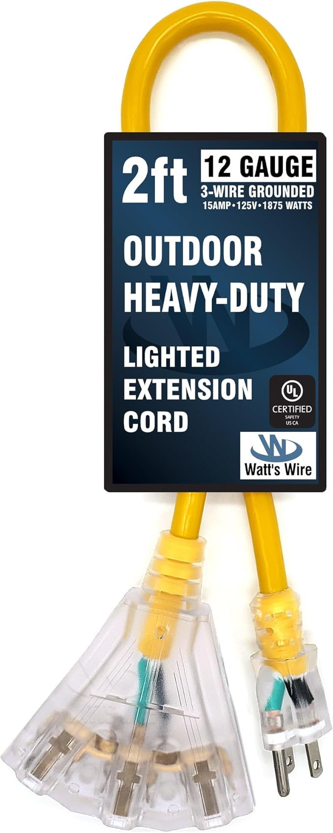 2 ft Short Outdoor Extension Cord Waterproof - 12 Gauge Heavy Duty Extension Cord Splitter Outdoor 2 ft - Lighted Outdoor Extension Cords with Multiple Outlets - Watts Wire - 2' Grounded