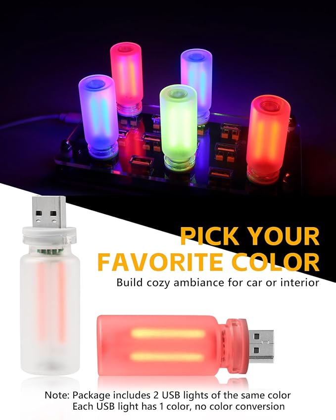 2PCS USB Car Lights, Touch Adjustment Lights, Plug in USB Vehicle Interior Ambient Light, Mini LED Retro Bulb Frosted Glass Night Light for Car, Camping, Holiday Decoration, Party, Bedroom (Red)