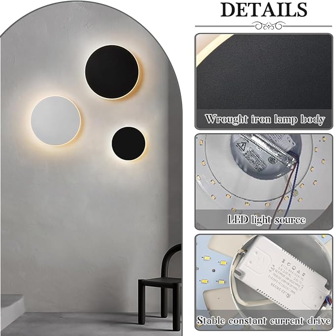 Modern Minimalist Wall Light White/Black Round Disc Wall Sconce Metal Circular Stairwell Lighting Dimmable LED Sconce for Living Room Bedroom