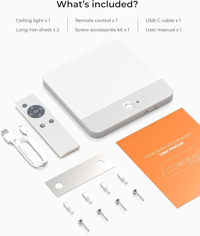 FULEN Motion Sensor Ceiling Light Fixture, Cordless Closet Light Battery Operated, Rechargeable Magnetic Mount LED Shower Light for Bathroom,Stairs,Garage,Hallway,3 Color Temperatures,Remote Control