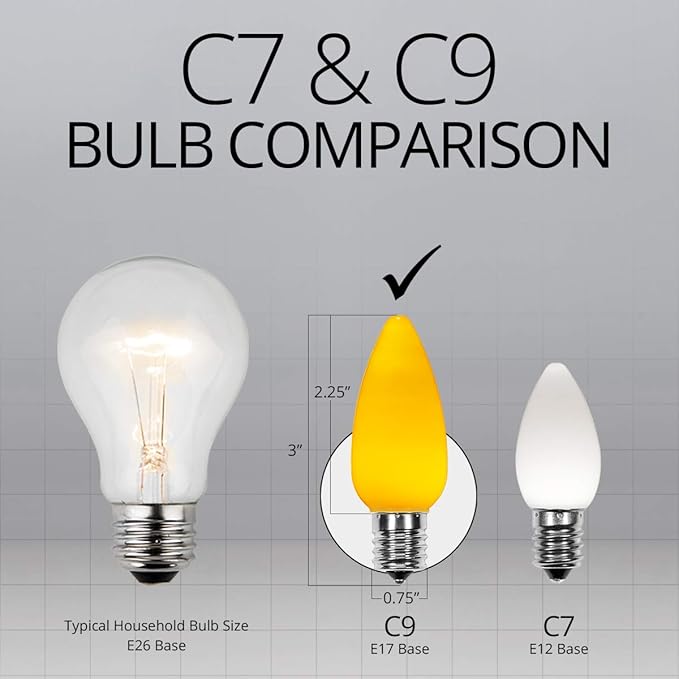 Wintergreen Lighting C9 OptiCore LED Commercial Outdoor Christmas Lights – Heavy Duty Christmas String Lights; Green Wire (25 Lights, 25 ft, Gold Smooth/Opaque)