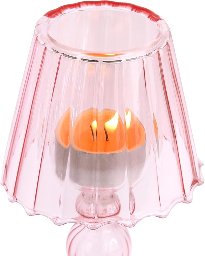 Desk Lamp Shaped Glass Candle Holder - Glass Hurricane Candleholder Crystal Decorative Candle Stand for Table Wedding Dinning Centerpieces Party Supplies Festival Decor Pink